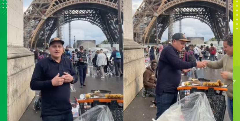 Colombiano vende elotes en París.